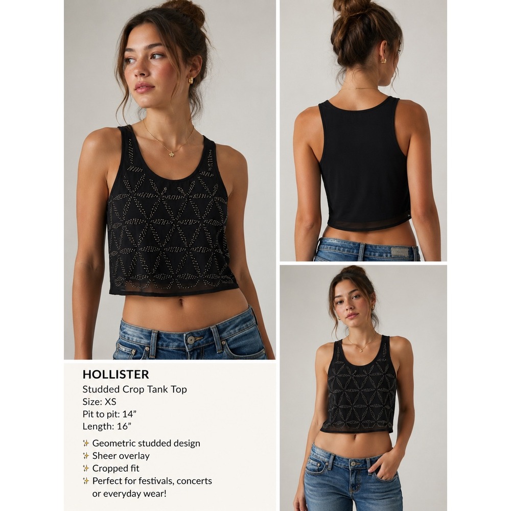 Hollister Black Studded Crop Tank‎ Top Geometric Sheer Overlay XS Festival